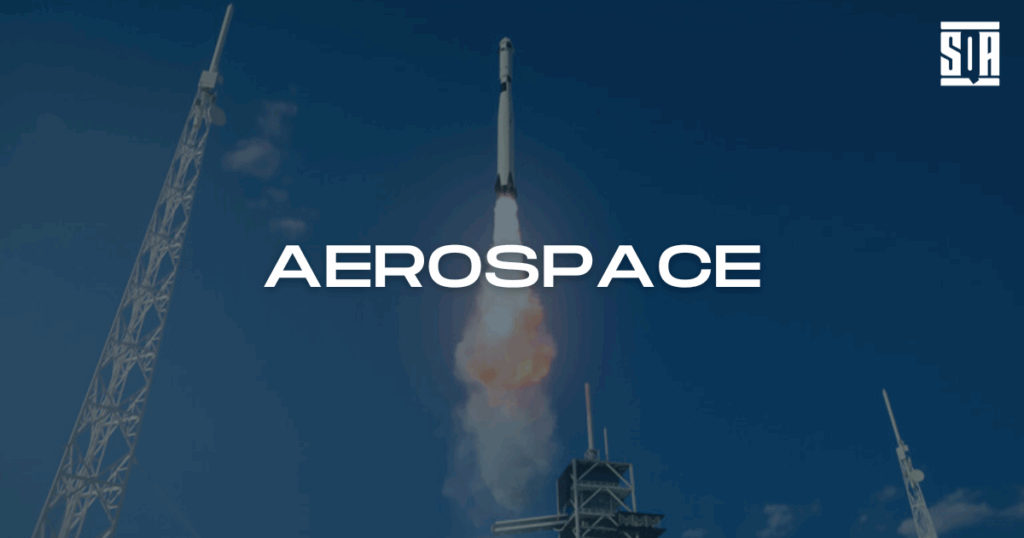 Rocket launching into the sky with smoke and flames at the base, set against a clear blue background, with the word 'Aerospace' in bold white text across the center and the SQA Services logo in the top right corner.