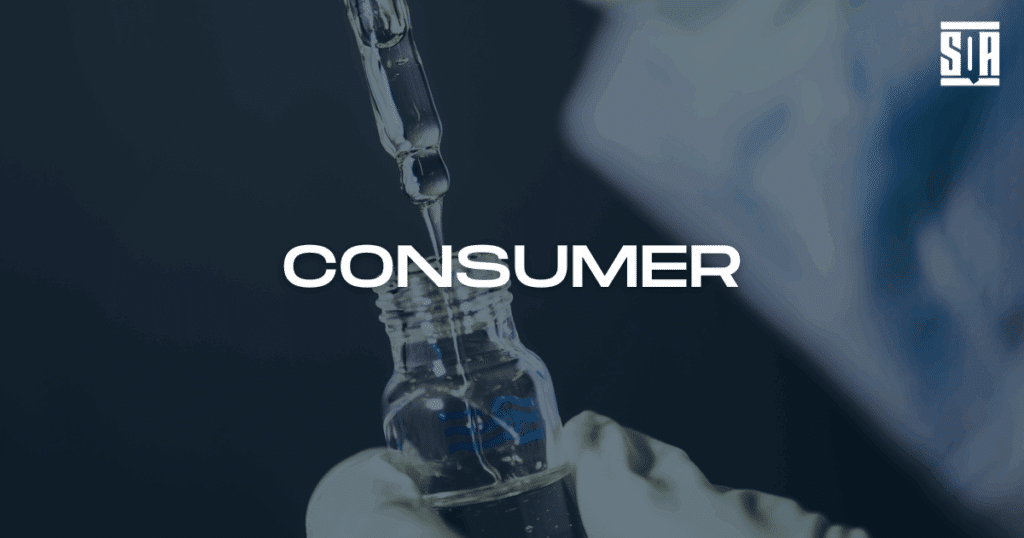 Close-up of a gloved hand holding a glass bottle while a dropper dispenses liquid into it, with the word 'Consumer' in bold white text across the center and the SQA Services logo in the top right corner.