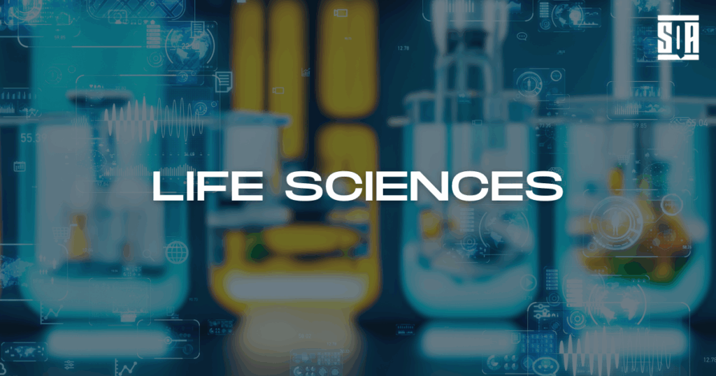 Graphic image with the words 'Life Sciences' in bold white text over a blurred background of laboratory equipment and digital interface overlays, with the SQA Services logo in the top right corner.