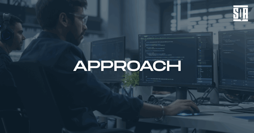 Engineer reviewing code on multiple monitors in a modern office environment, representing SQA Services’ systematic and technical approach to delivering scalable quality solutions.