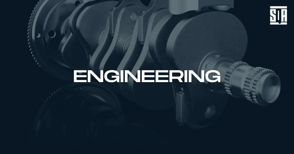 Close-up of a mechanical component with the word 'ENGINEERING' and SQA logo overlayed on the image