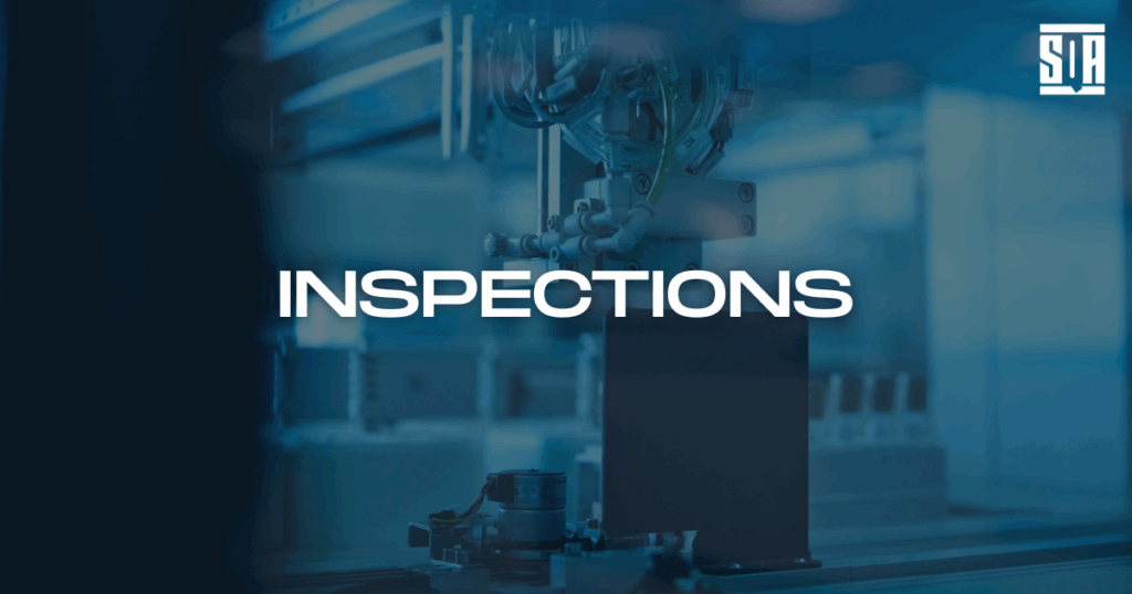 Close-up of automated manufacturing equipment with the word ‘Inspections’ overlaid, representing SQA Services’ source inspection solutions for quality assurance.