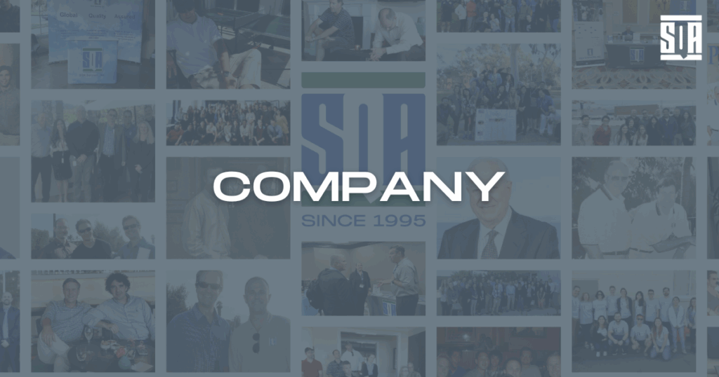 Collage of supplier quality professionals SQA Services team photos and events with the SQA logo in the center, overlaid with the word 'COMPANY' in bold white text