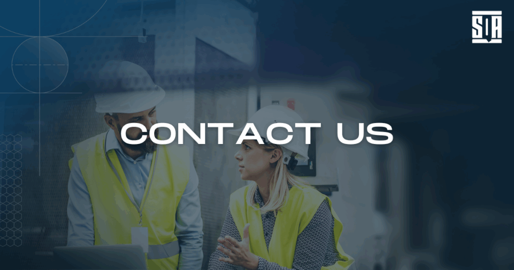 Two people wearing hard hats and yellow safety vests having a discussion in an industrial setting, with the words 'Contact Us' in bold white text overlaid in the center and the SQA Services logo in the top right corner.