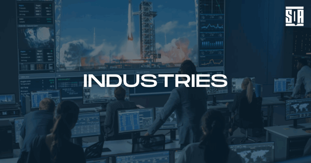 Control room with engineers and analysts monitoring multiple screens as a rocket launches, with the word 'Industries' and the SQA Services logo overlaid.