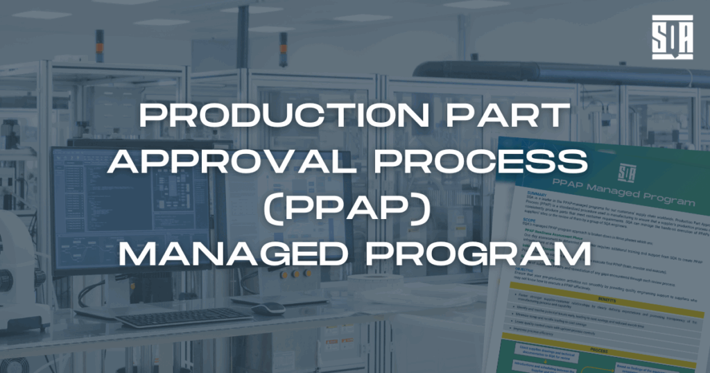 Featured image for SQA Services’ Production Part Approval Process (PPAP) Managed Program, showing a modern manufacturing environment with computer screens and a program overview document.
