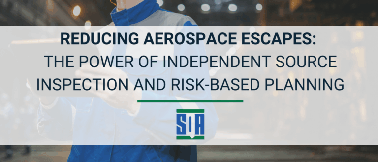 Inspector holding a digital tablet in an aerospace manufacturing facility with overlaid text reading ‘Reducing Aerospace Escapes: The Power of Independent Source Inspection and Risk-Based Planning,’ along with the SQA Services logo.