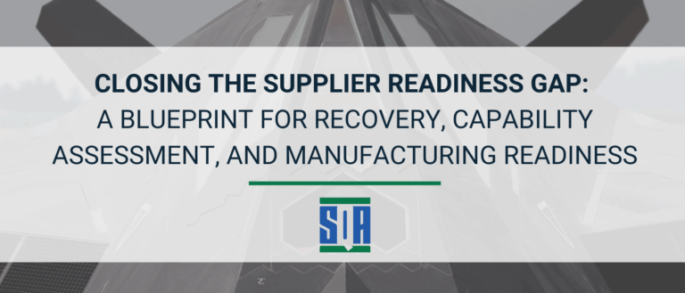 Aerospace banner displaying the title ‘Closing the Supplier Readiness Gap: A Blueprint for Recovery, Capability Assessment, and Manufacturing Readiness’ with the SQA Services logo