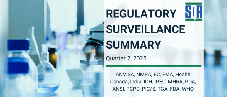 Regulatory Surveillance Summary for Quarter 2, 2025, featuring laboratory equipment imagery and listing global health authorities including ANVISA, FDA, EMA, NMPA, Health Canada, MHRA, WHO, and ICH.