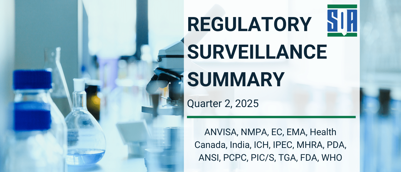 Regulatory Surveillance Summary for Quarter 2, 2025, featuring laboratory equipment imagery and listing global health authorities including ANVISA, FDA, EMA, NMPA, Health Canada, MHRA, WHO, and ICH.