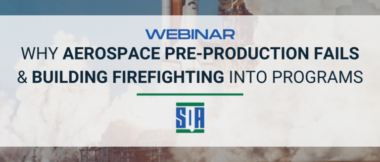Webinar graphic titled “Why Aerospace Pre-Production Fails & Building Firefighting Into Programs” with rocket launch background and SQA Services logo.