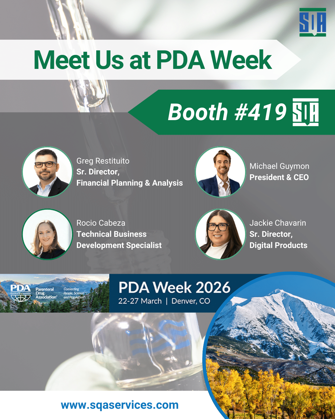 Promotional graphic for SQA Services at PDA Week 2026 in Denver highlighting pharmaceutical manufacturing expertise, CAPA support, and inviting attendees to visit Booth 419 to meet the team.