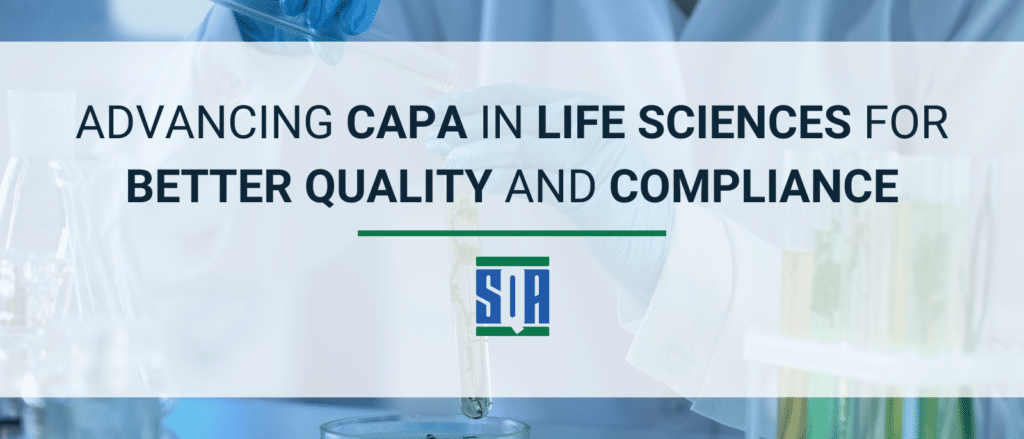 Advancing CAPA in life sciences for better quality and compliance, with a scientist in a laboratory handling a test tube and SQA Services logo displayed.