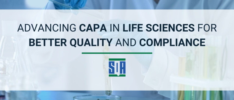 Advancing CAPA in life sciences for better quality and compliance, with a scientist in a laboratory handling a test tube and SQA Services logo displayed.